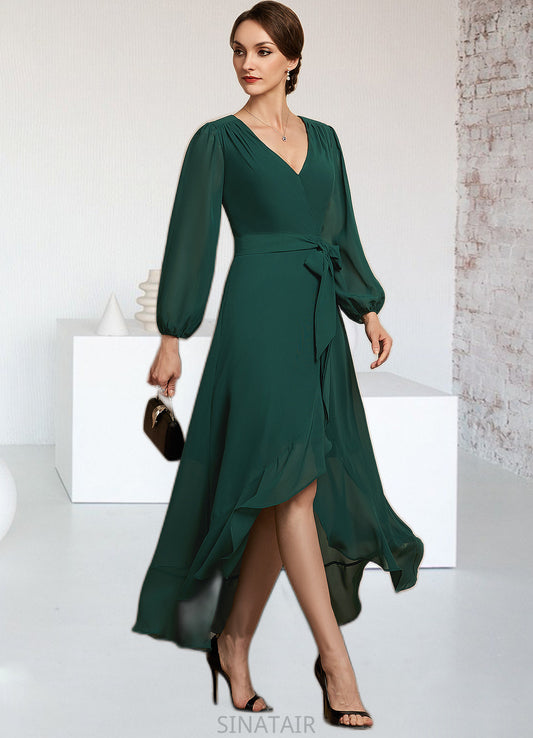 Zoe A-Line V-neck Asymmetrical Chiffon Mother of the Bride Dress With Bow(s) Cascading Ruffles DH126P0014909