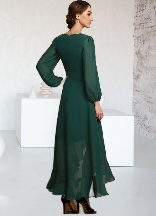 Zoe A-Line V-neck Asymmetrical Chiffon Mother of the Bride Dress With Bow(s) Cascading Ruffles DH126P0014909