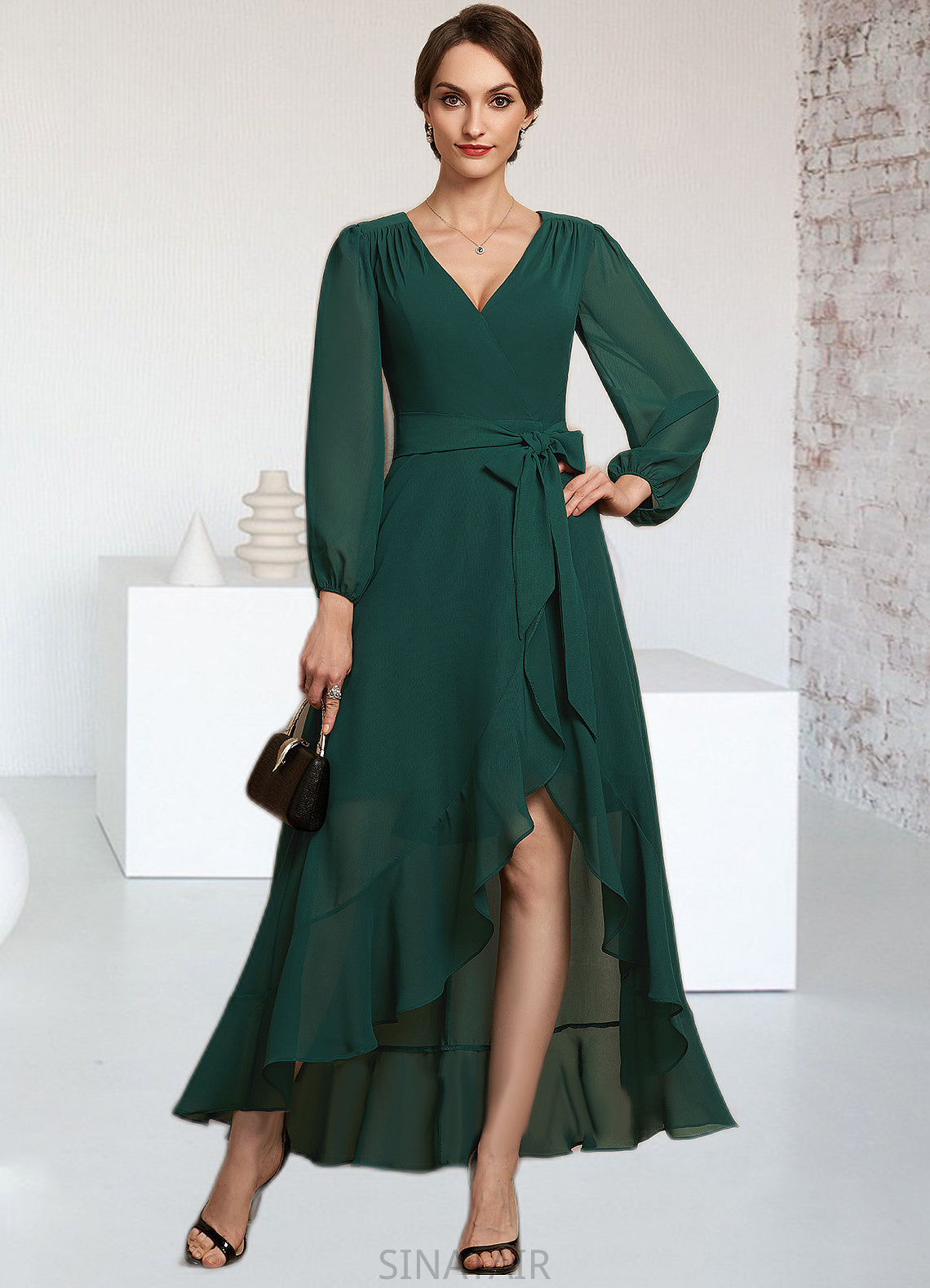 Zoe A-Line V-neck Asymmetrical Chiffon Mother of the Bride Dress With Bow(s) Cascading Ruffles DH126P0014909