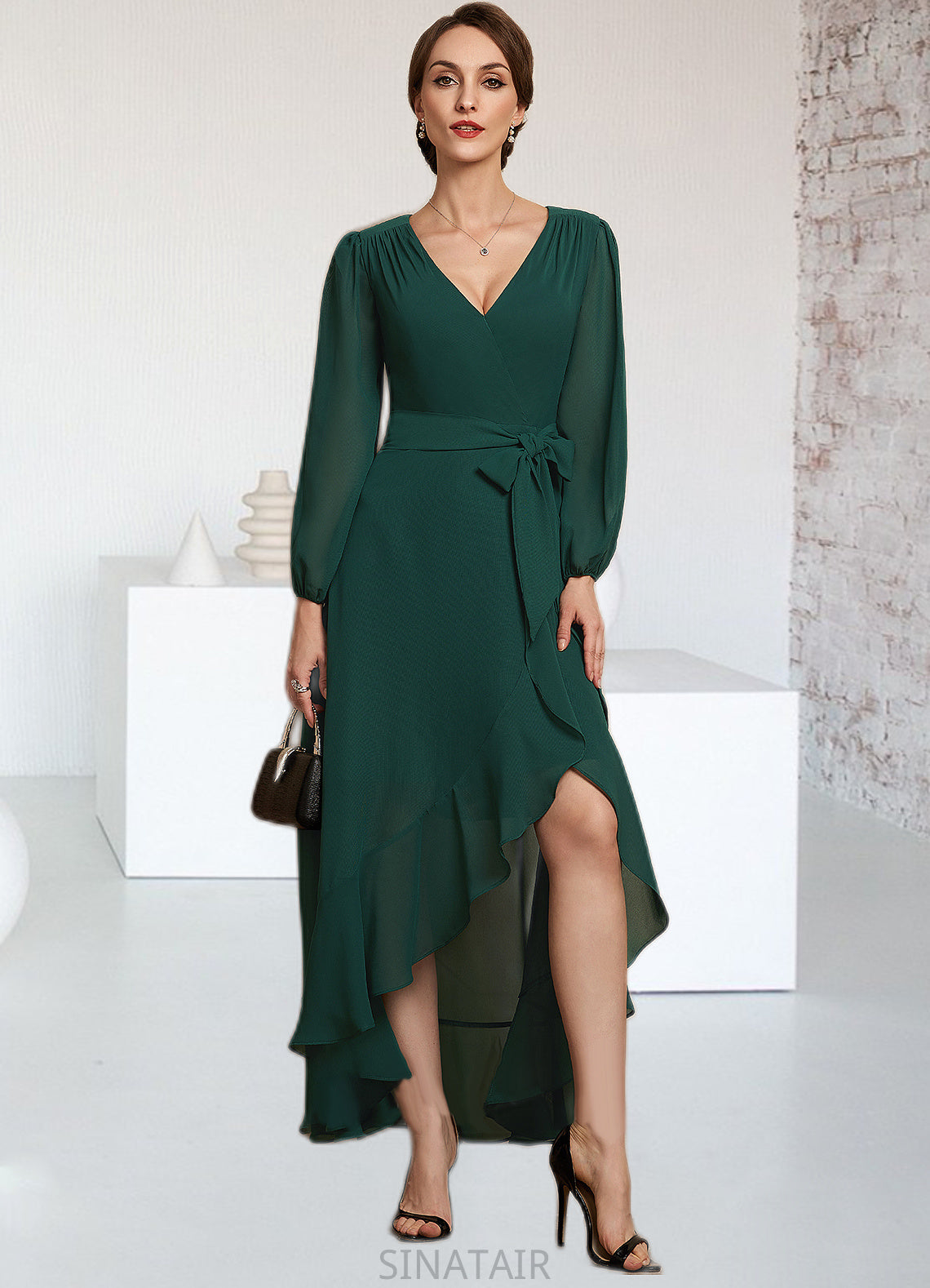 Zoe A-Line V-neck Asymmetrical Chiffon Mother of the Bride Dress With Bow(s) Cascading Ruffles DH126P0014909