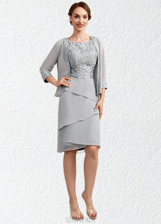 Abril Sheath/Column Scoop Neck Asymmetrical Chiffon Lace Mother of the Bride Dress With Cascading Ruffles DH126P0014912