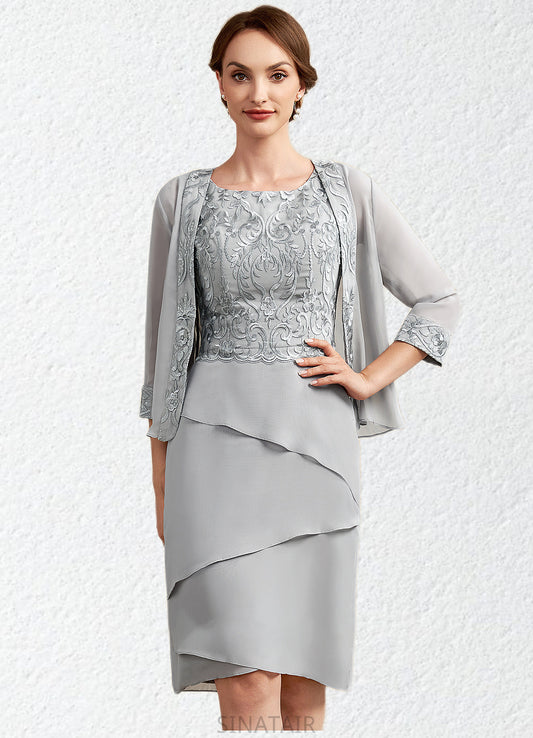 Abril Sheath/Column Scoop Neck Asymmetrical Chiffon Lace Mother of the Bride Dress With Cascading Ruffles DH126P0014912