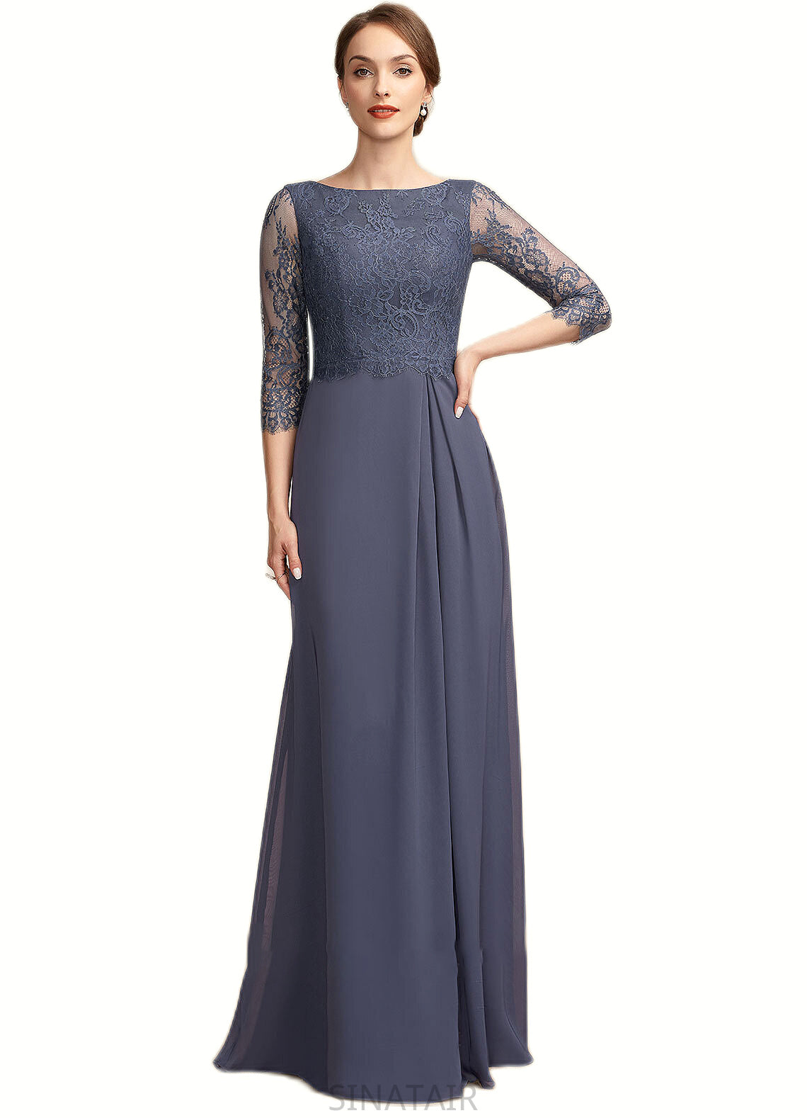 Shelby A-Line Scoop Neck Floor-Length Chiffon Lace Mother of the Bride Dress With Ruffle DH126P0014917