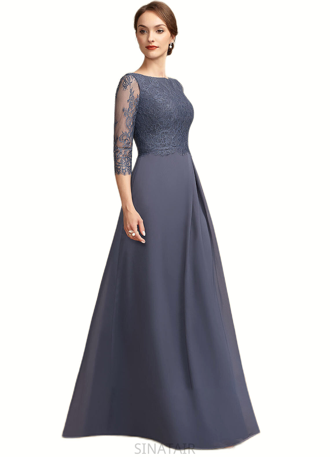 Shelby A-Line Scoop Neck Floor-Length Chiffon Lace Mother of the Bride Dress With Ruffle DH126P0014917