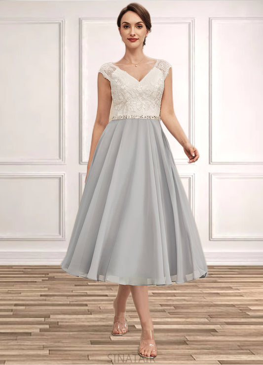 Irene A-Line V-neck Tea-Length Chiffon Lace Mother of the Bride Dress With Beading DH126P0014919