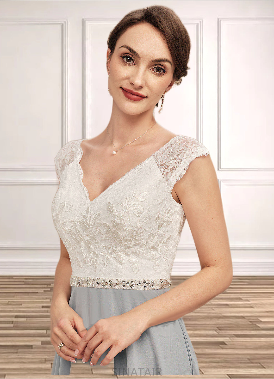 Irene A-Line V-neck Tea-Length Chiffon Lace Mother of the Bride Dress With Beading DH126P0014919