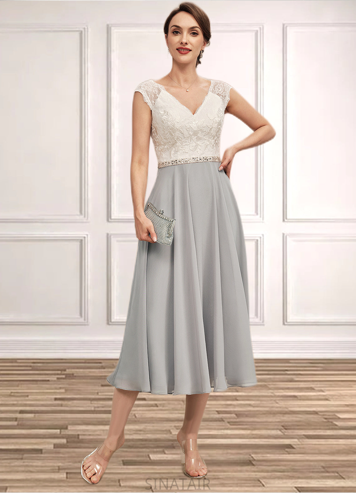 Irene A-Line V-neck Tea-Length Chiffon Lace Mother of the Bride Dress With Beading DH126P0014919