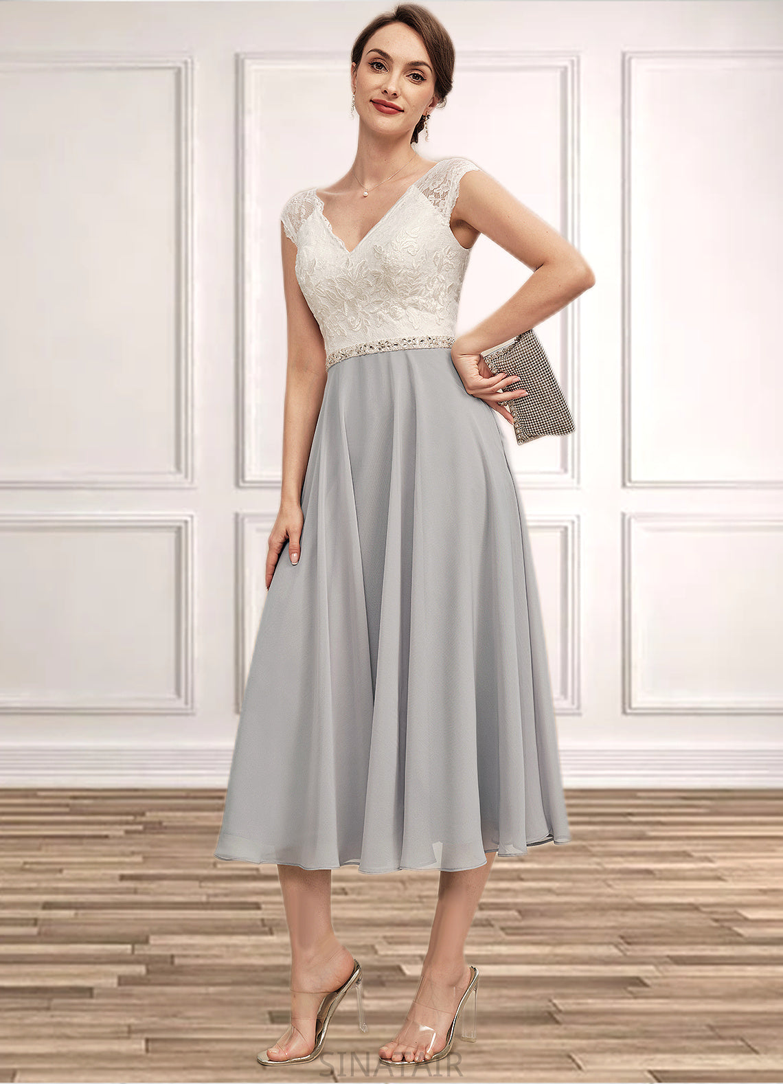 Irene A-Line V-neck Tea-Length Chiffon Lace Mother of the Bride Dress With Beading DH126P0014919