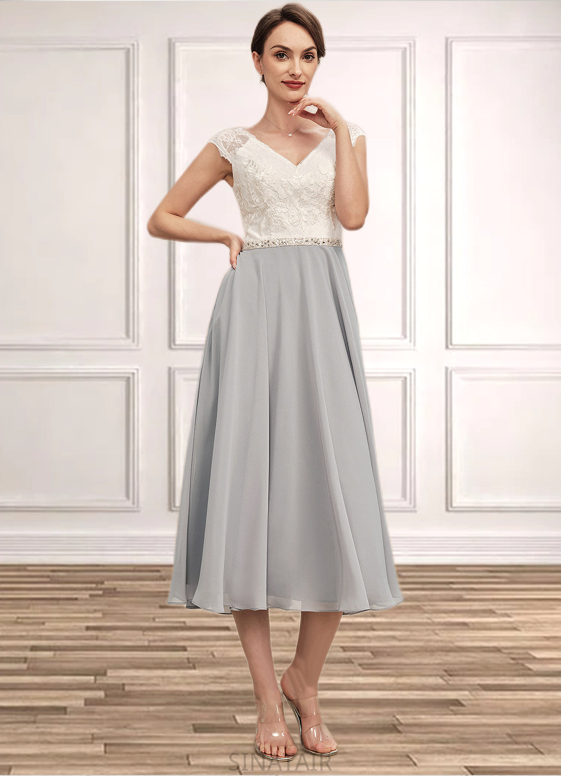 Irene A-Line V-neck Tea-Length Chiffon Lace Mother of the Bride Dress With Beading DH126P0014919