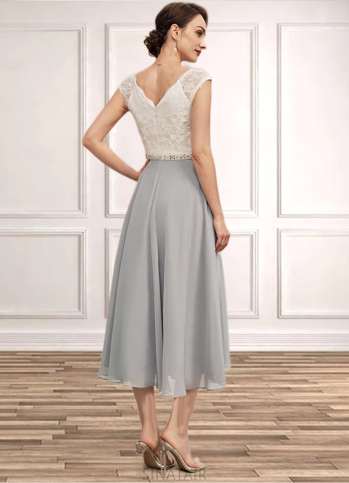 Irene A-Line V-neck Tea-Length Chiffon Lace Mother of the Bride Dress With Beading DH126P0014919