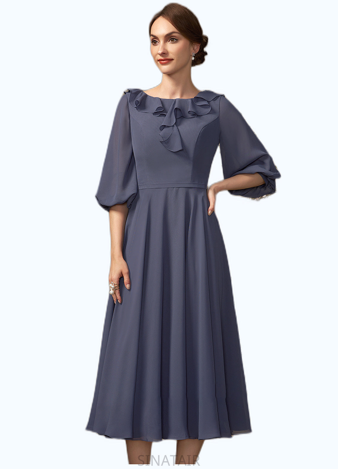 Lillian A-Line Scoop Neck Tea-Length Chiffon Mother of the Bride Dress With Cascading Ruffles DH126P0014920