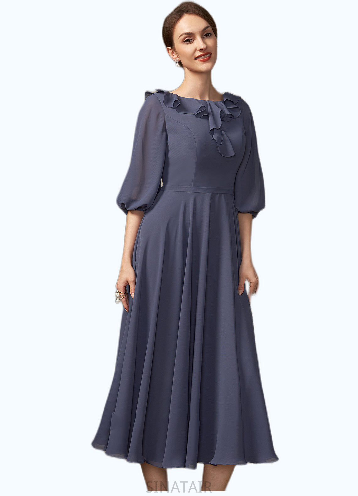 Lillian A-Line Scoop Neck Tea-Length Chiffon Mother of the Bride Dress With Cascading Ruffles DH126P0014920