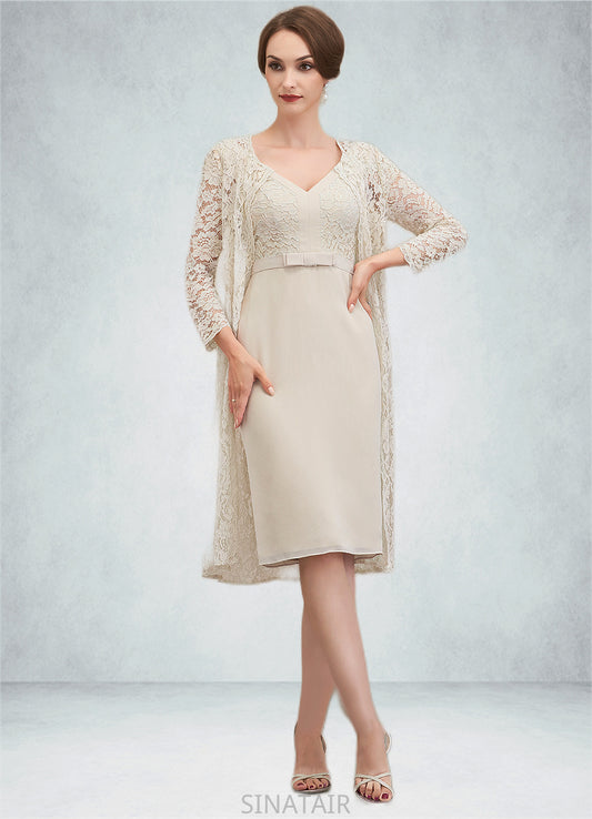 Seraphina Sheath/Column V-neck Knee-Length Chiffon Lace Mother of the Bride Dress With Bow(s) DH126P0014924