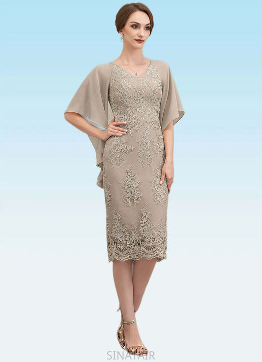 Marlie Sheath/Column V-neck Knee-Length Chiffon Lace Mother of the Bride Dress With Cascading Ruffles DH126P0014925