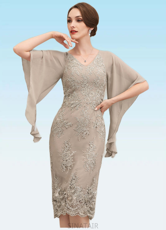 Marlie Sheath/Column V-neck Knee-Length Chiffon Lace Mother of the Bride Dress With Cascading Ruffles DH126P0014925