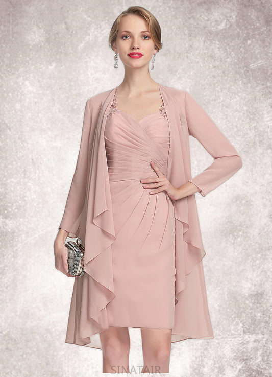 Micaela Sheath/Column Sweetheart Knee-Length Chiffon Mother of the Bride Dress With Ruffle Lace DH126P0014929