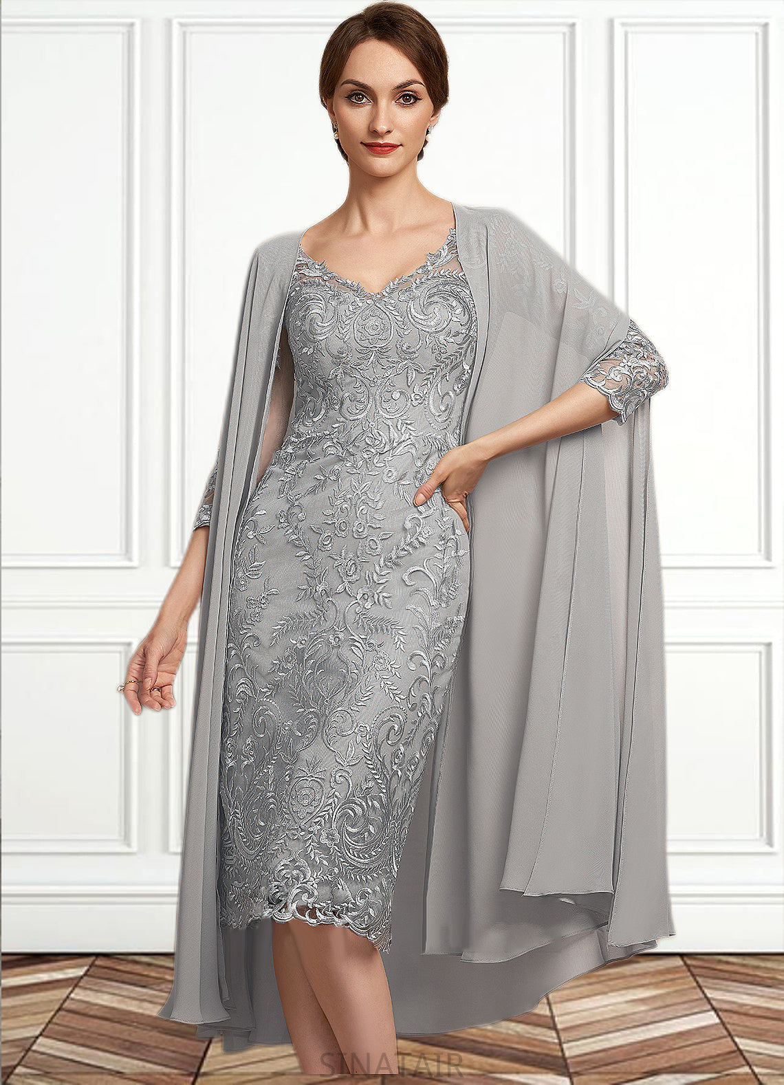 Camila Sheath/Column V-neck Knee-Length Lace Mother of the Bride Dress DH126P0014931