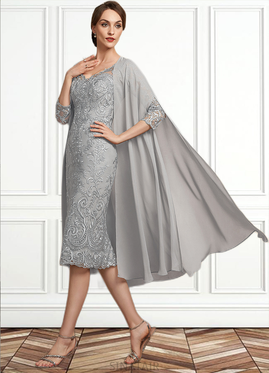 Camila Sheath/Column V-neck Knee-Length Lace Mother of the Bride Dress DH126P0014931