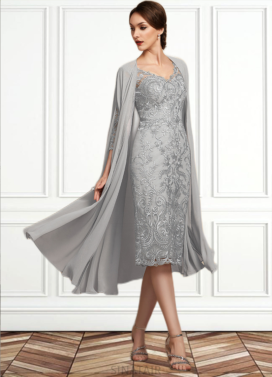 Camila Sheath/Column V-neck Knee-Length Lace Mother of the Bride Dress DH126P0014931