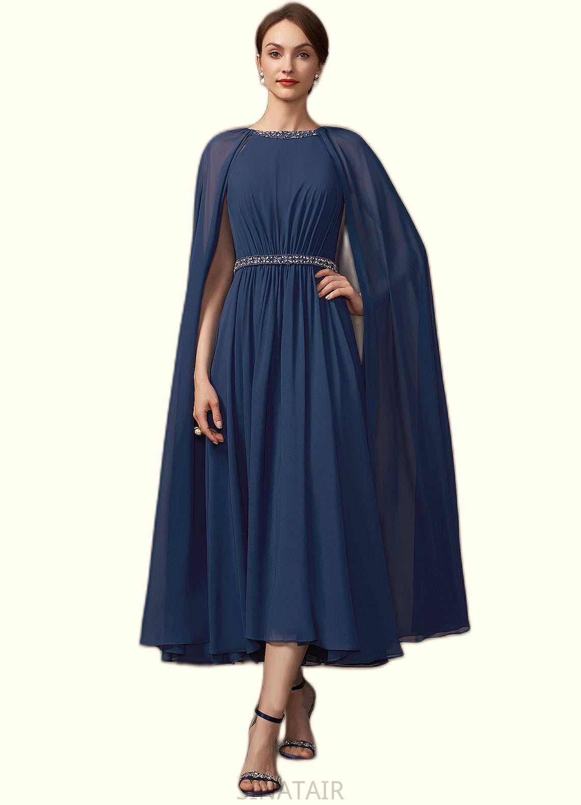 Harriet A-Line Scoop Neck Tea-Length Chiffon Mother of the Bride Dress With Beading DH126P0014934