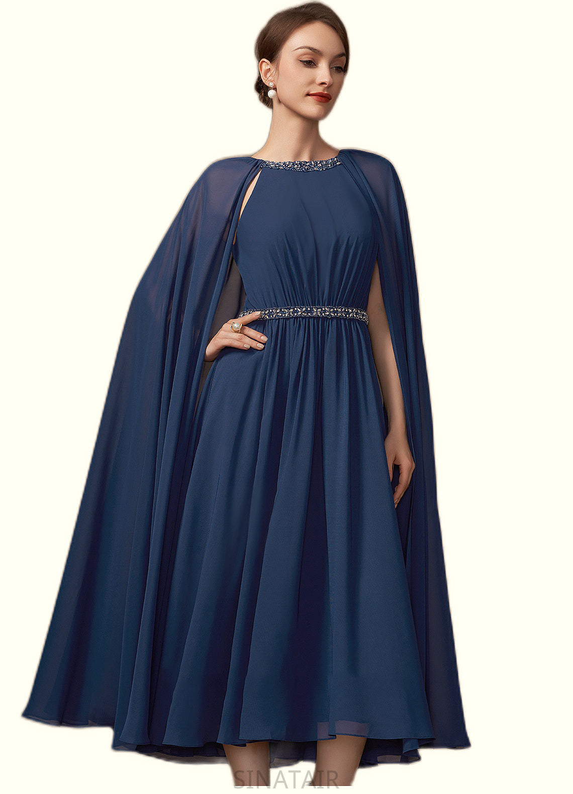 Harriet A-Line Scoop Neck Tea-Length Chiffon Mother of the Bride Dress With Beading DH126P0014934