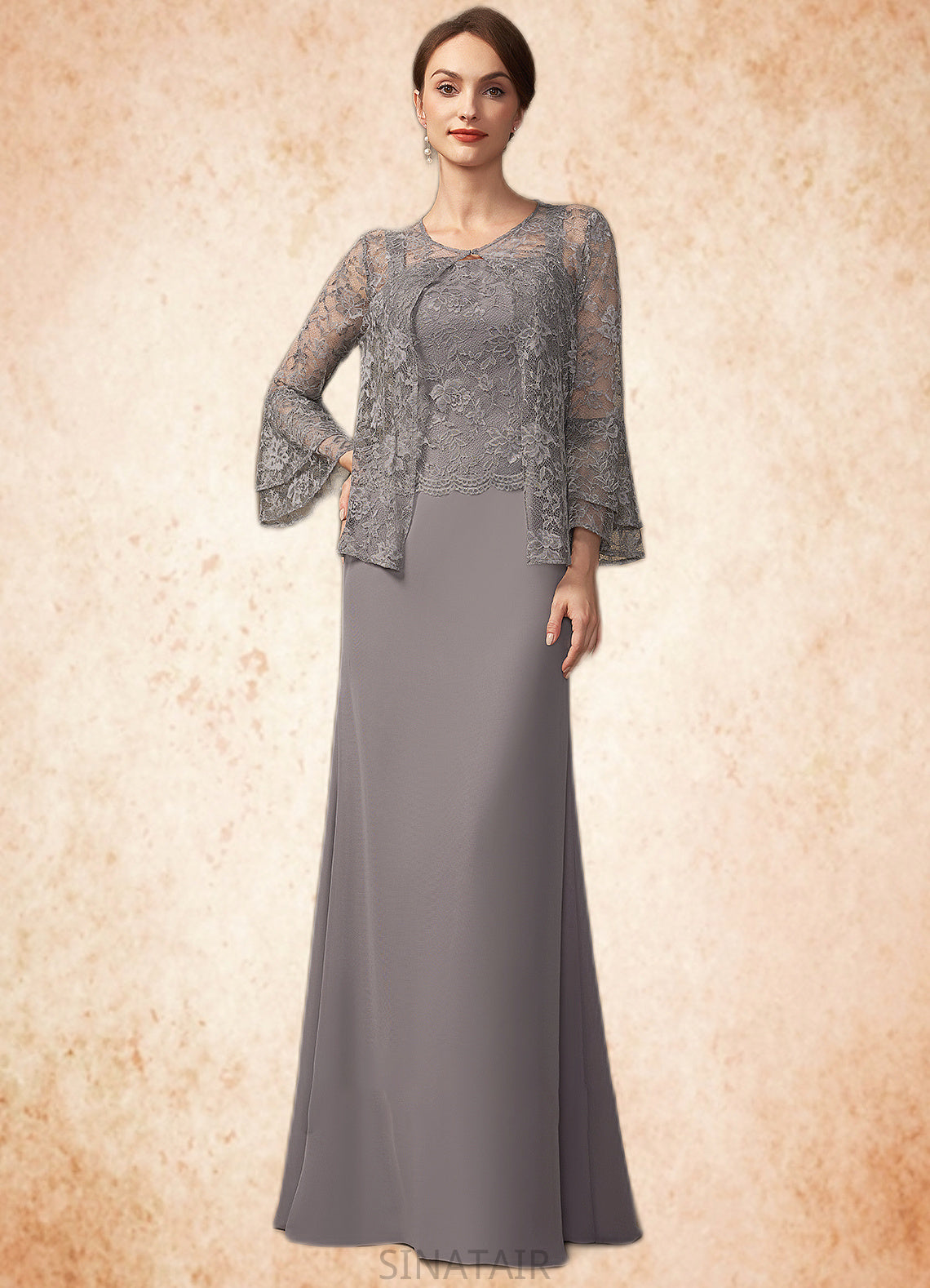 Sophia Sheath/Column Square Neckline Floor-Length Chiffon Lace Mother of the Bride Dress DH126P0014936