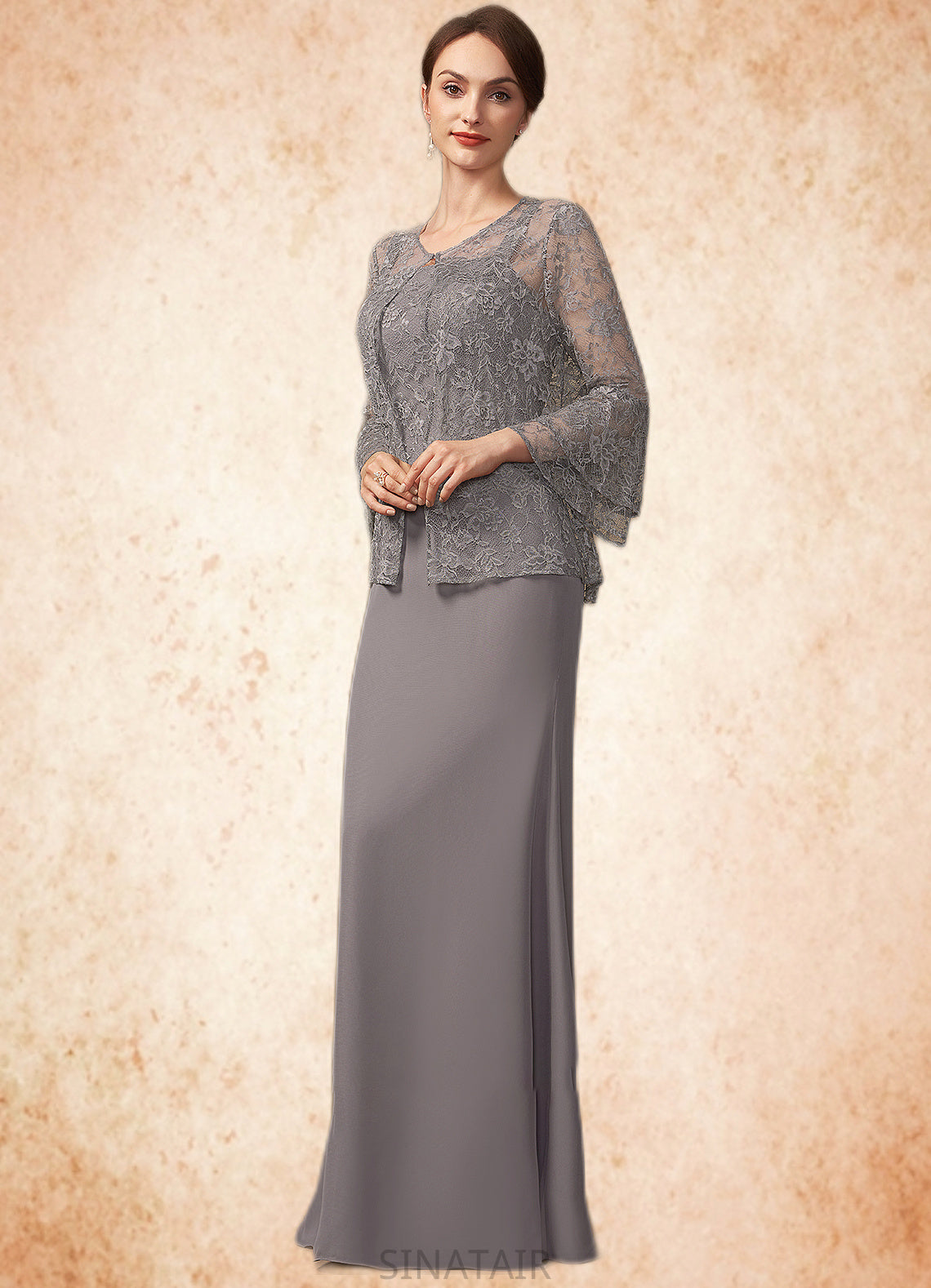 Sophia Sheath/Column Square Neckline Floor-Length Chiffon Lace Mother of the Bride Dress DH126P0014936