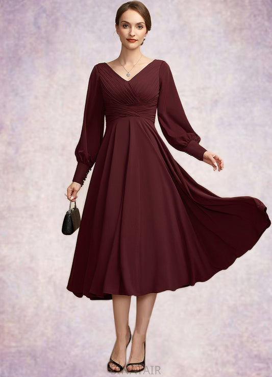 Meadow A-Line V-neck Tea-Length Mother of the Bride Dress With Ruffle DH126P0014948