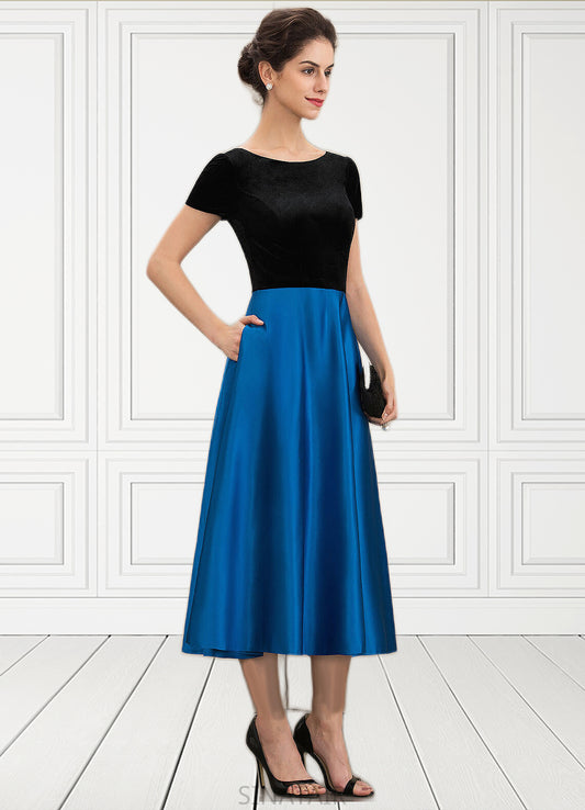 Neveah A-Line Scoop Neck Tea-Length Satin Velvet Mother of the Bride Dress With Pockets DH126P0014950