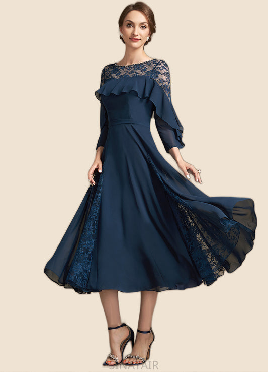 Aryana A-Line Scoop Neck Tea-Length Chiffon Lace Mother of the Bride Dress With Beading Cascading Ruffles DH126P0014952