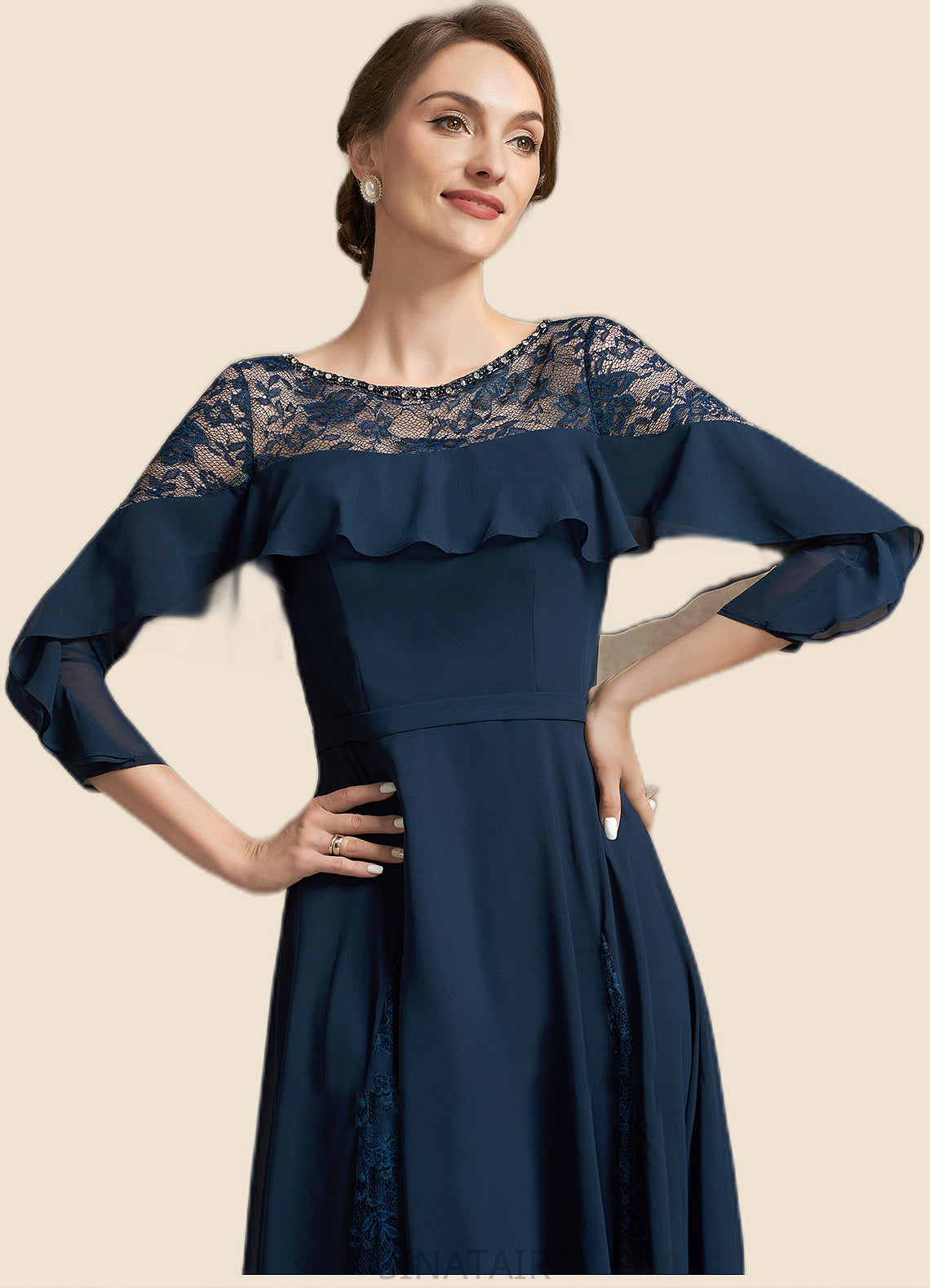 Aryana A-Line Scoop Neck Tea-Length Chiffon Lace Mother of the Bride Dress With Beading Cascading Ruffles DH126P0014952