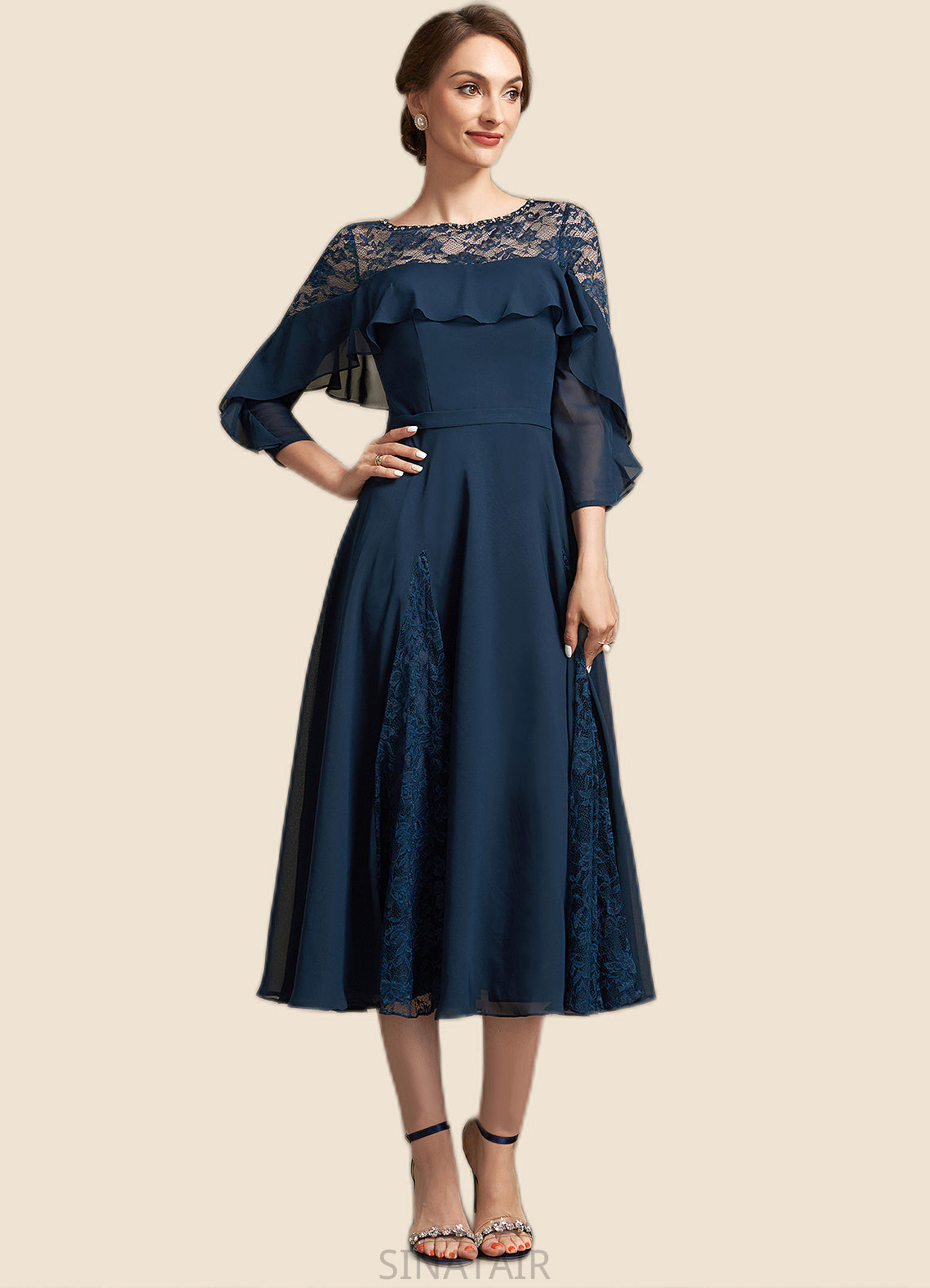 Aryana A-Line Scoop Neck Tea-Length Chiffon Lace Mother of the Bride Dress With Beading Cascading Ruffles DH126P0014952