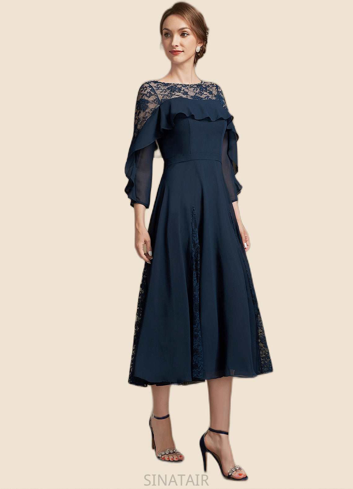 Aryana A-Line Scoop Neck Tea-Length Chiffon Lace Mother of the Bride Dress With Beading Cascading Ruffles DH126P0014952