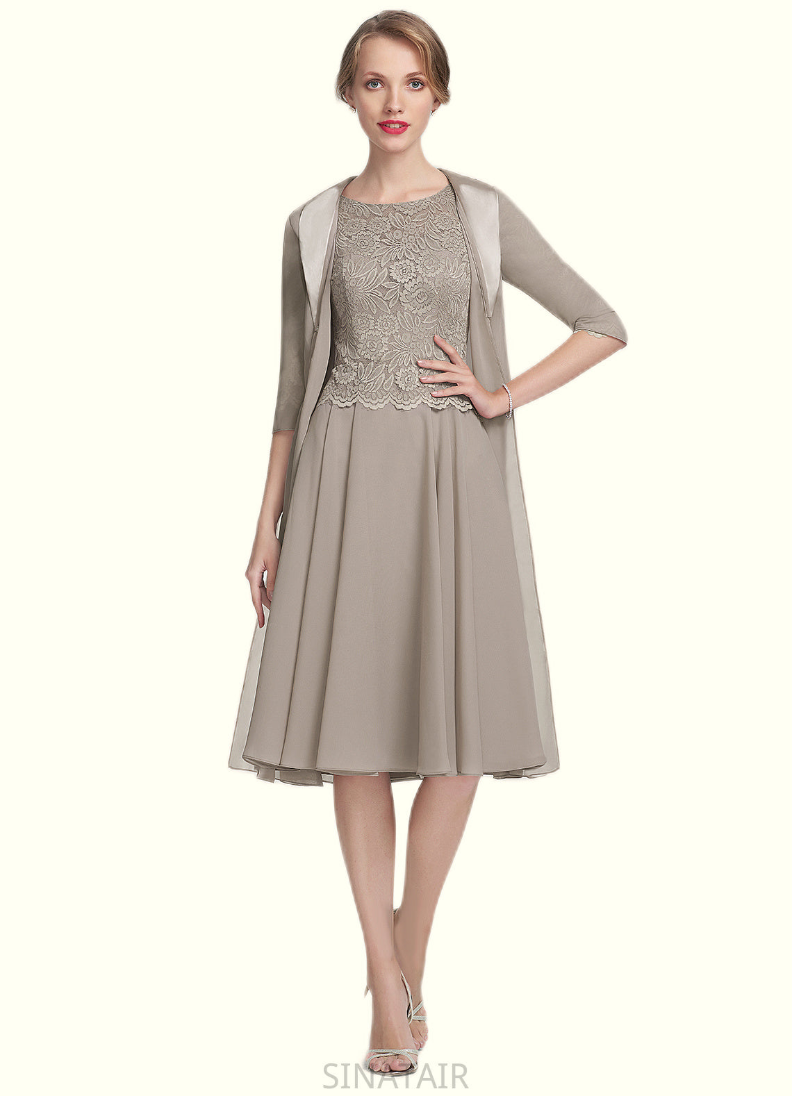 Hadley A-Line Scoop Neck Knee-Length Chiffon Lace Mother of the Bride Dress DH126P0014955