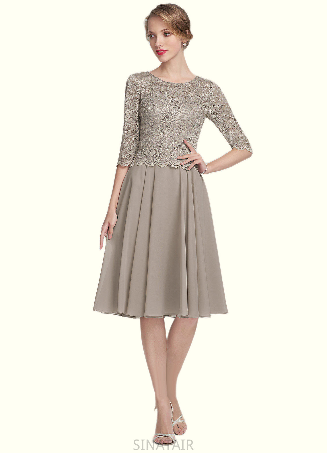 Hadley A-Line Scoop Neck Knee-Length Chiffon Lace Mother of the Bride Dress DH126P0014955