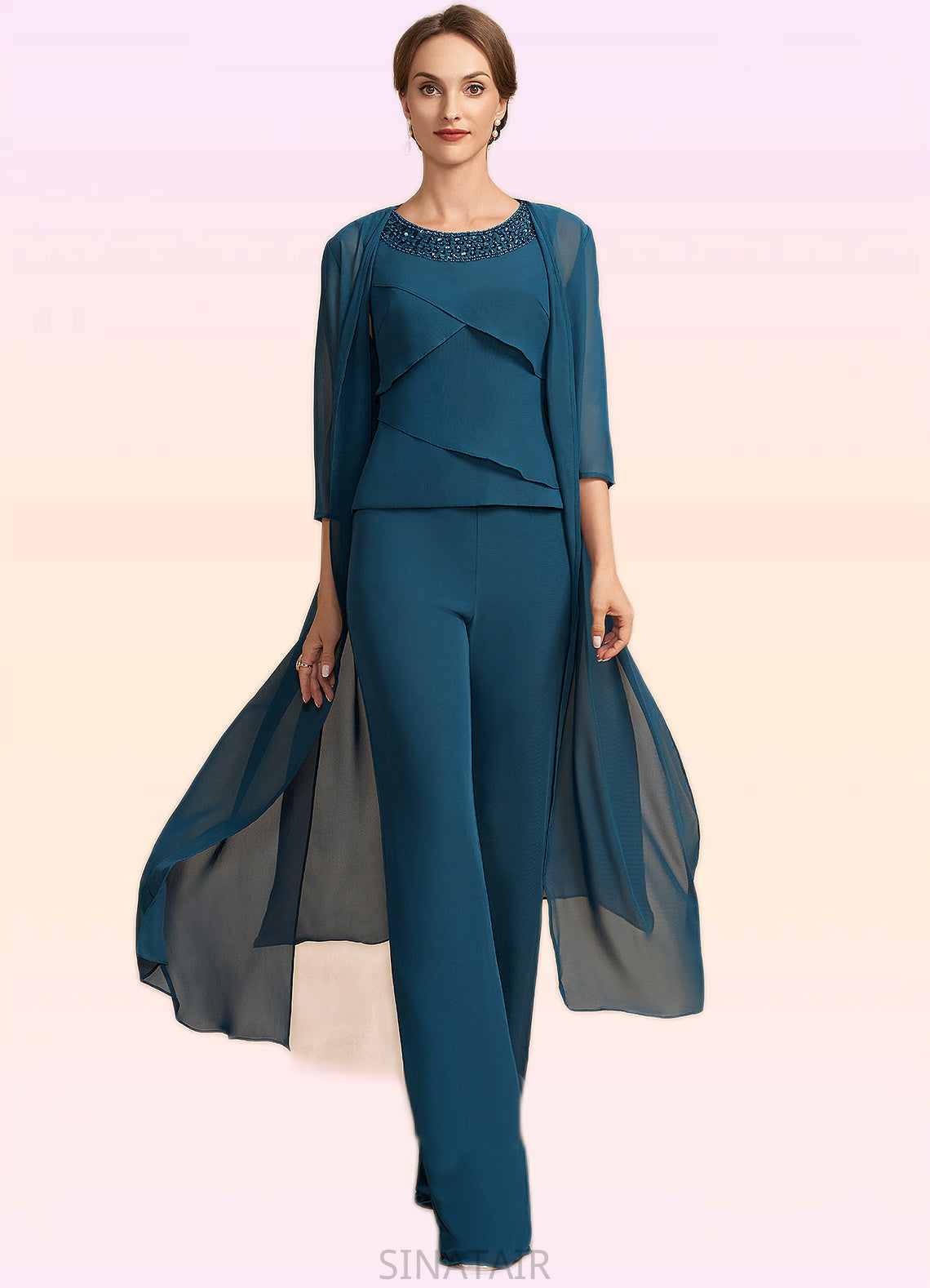 Nataly Jumpsuit/Pantsuit Scoop Neck Floor-Length Chiffon Mother of the Bride Dress With Beading Cascading Ruffles DH126P0014956