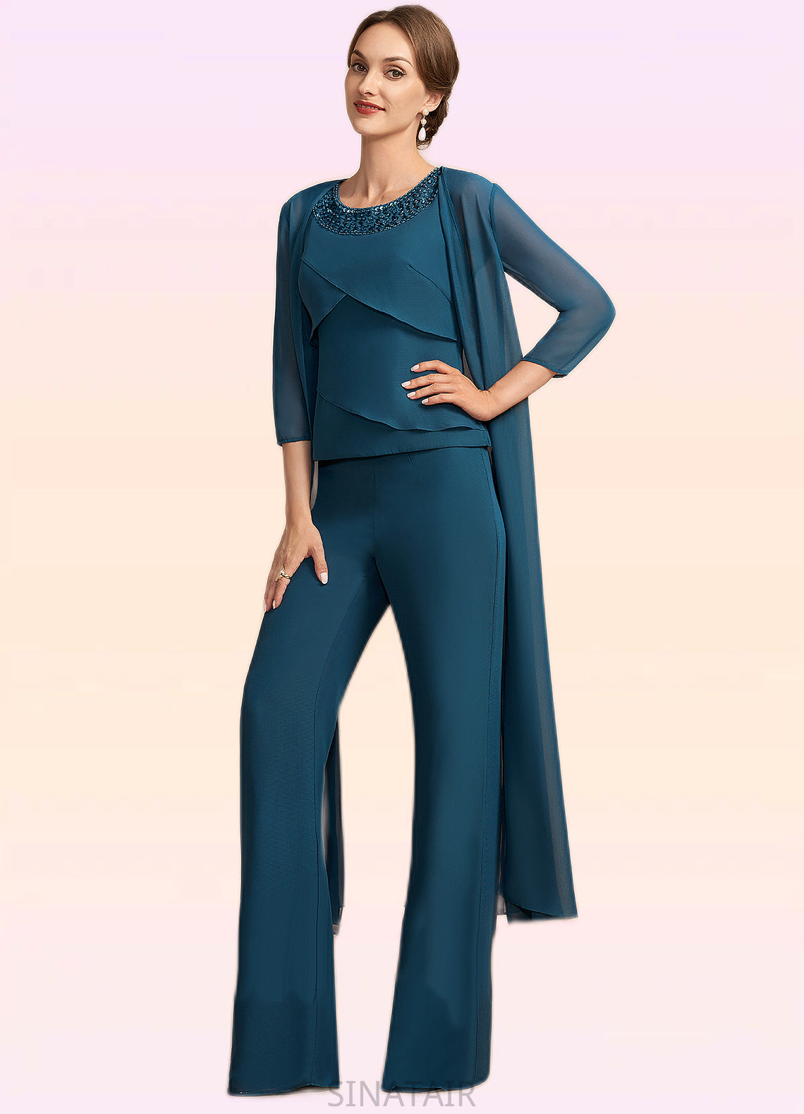 Nataly Jumpsuit/Pantsuit Scoop Neck Floor-Length Chiffon Mother of the Bride Dress With Beading Cascading Ruffles DH126P0014956