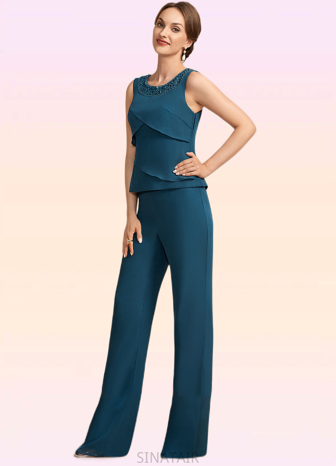 Nataly Jumpsuit/Pantsuit Scoop Neck Floor-Length Chiffon Mother of the Bride Dress With Beading Cascading Ruffles DH126P0014956