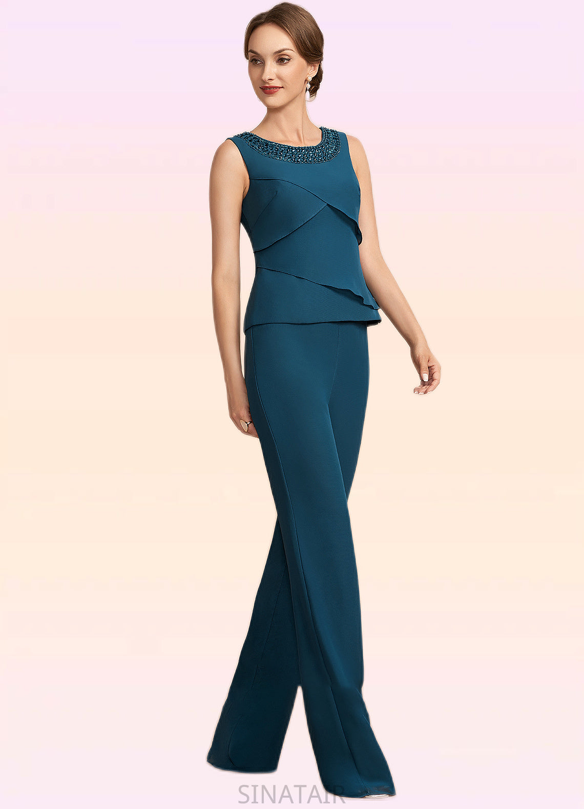 Nataly Jumpsuit/Pantsuit Scoop Neck Floor-Length Chiffon Mother of the Bride Dress With Beading Cascading Ruffles DH126P0014956