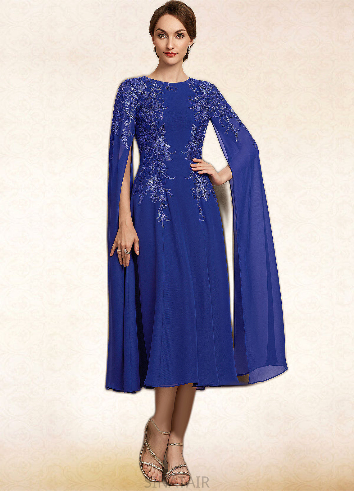 Vicky A-Line Scoop Neck Tea-Length Chiffon Lace Mother of the Bride Dress With Sequins DH126P0014960