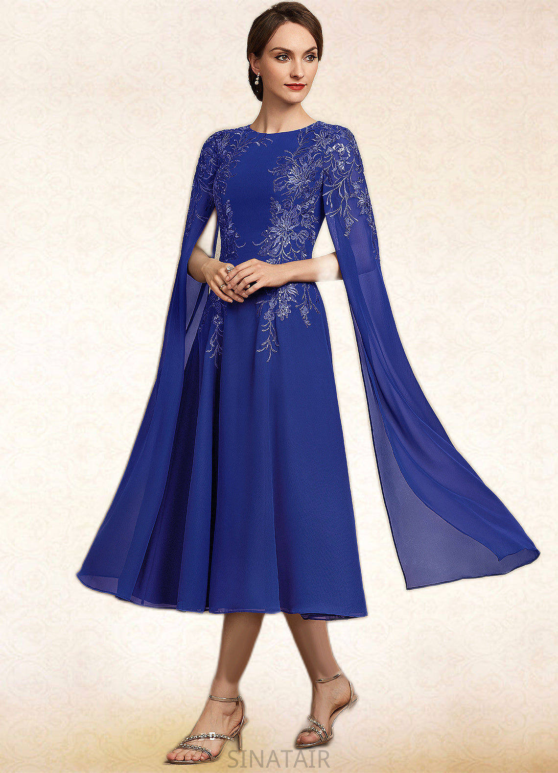 Vicky A-Line Scoop Neck Tea-Length Chiffon Lace Mother of the Bride Dress With Sequins DH126P0014960