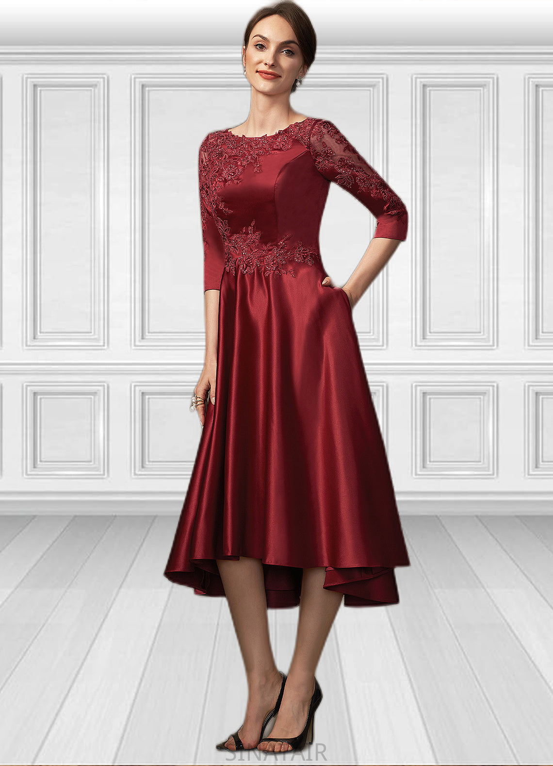 Louise A-Line Scoop Neck Asymmetrical Satin Lace Mother of the Bride Dress With Sequins Pockets DH126P0014962