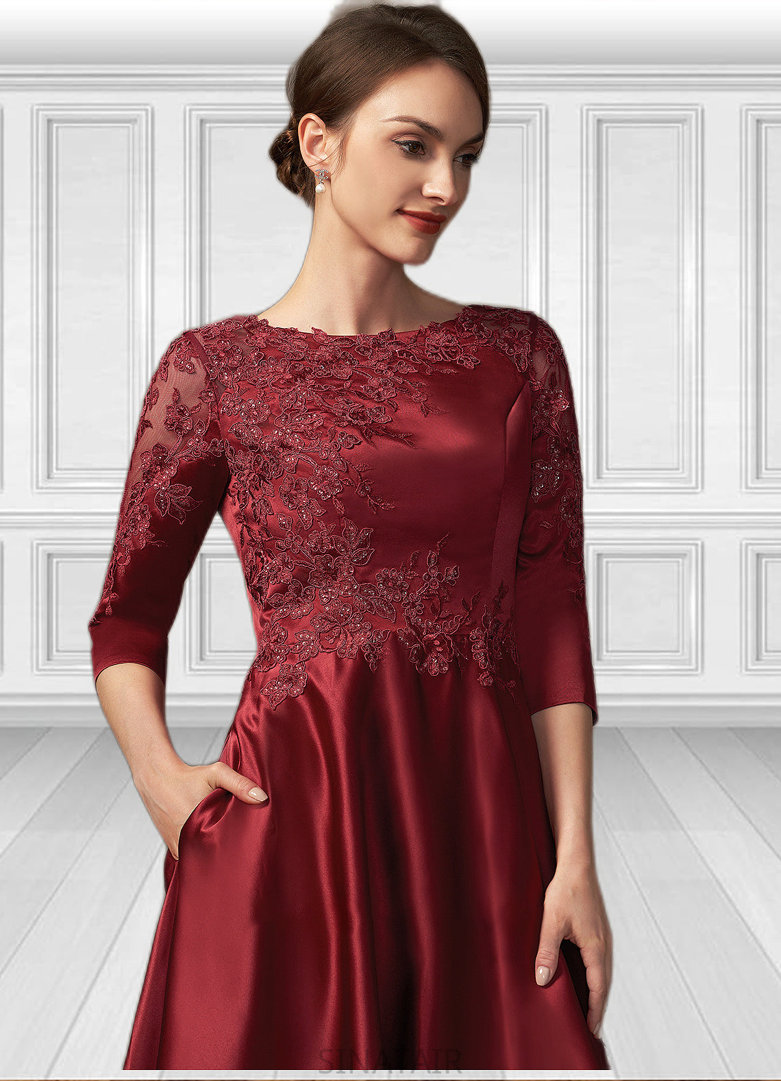 Louise A-Line Scoop Neck Asymmetrical Satin Lace Mother of the Bride Dress With Sequins Pockets DH126P0014962