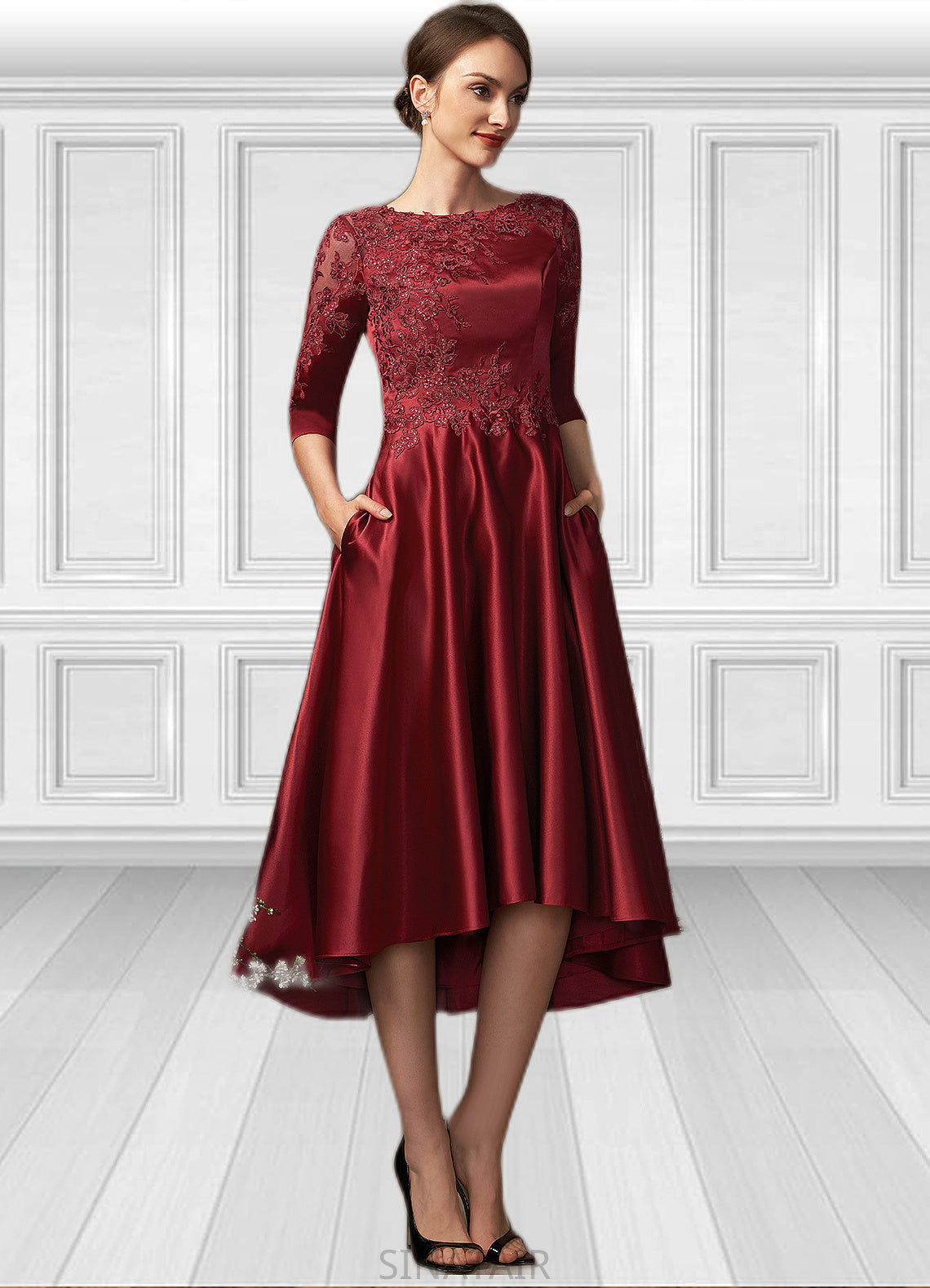 Louise A-Line Scoop Neck Asymmetrical Satin Lace Mother of the Bride Dress With Sequins Pockets DH126P0014962