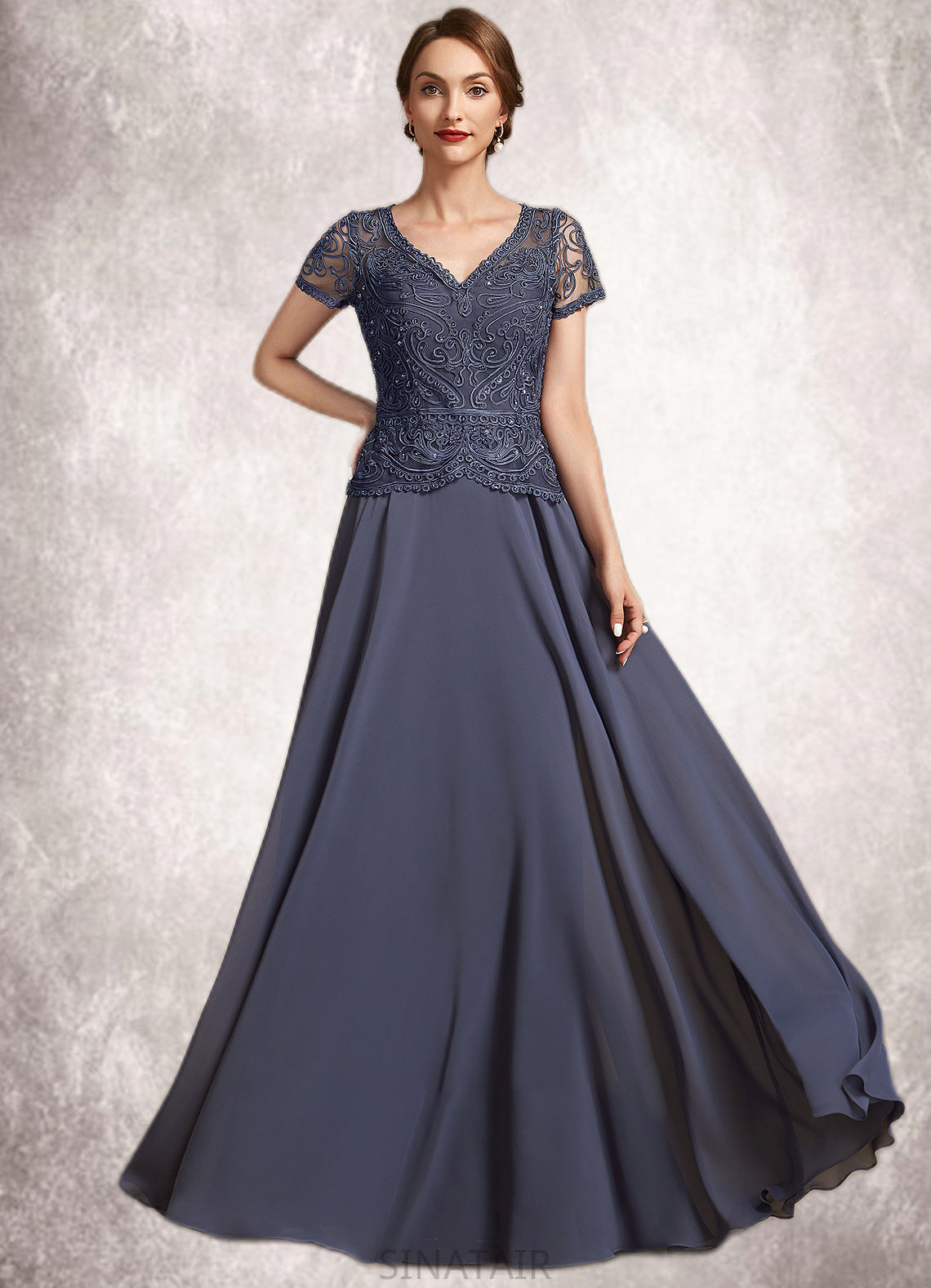 Alena A-Line V-neck Floor-Length Chiffon Lace Mother of the Bride Dress With Sequins DH126P0014964