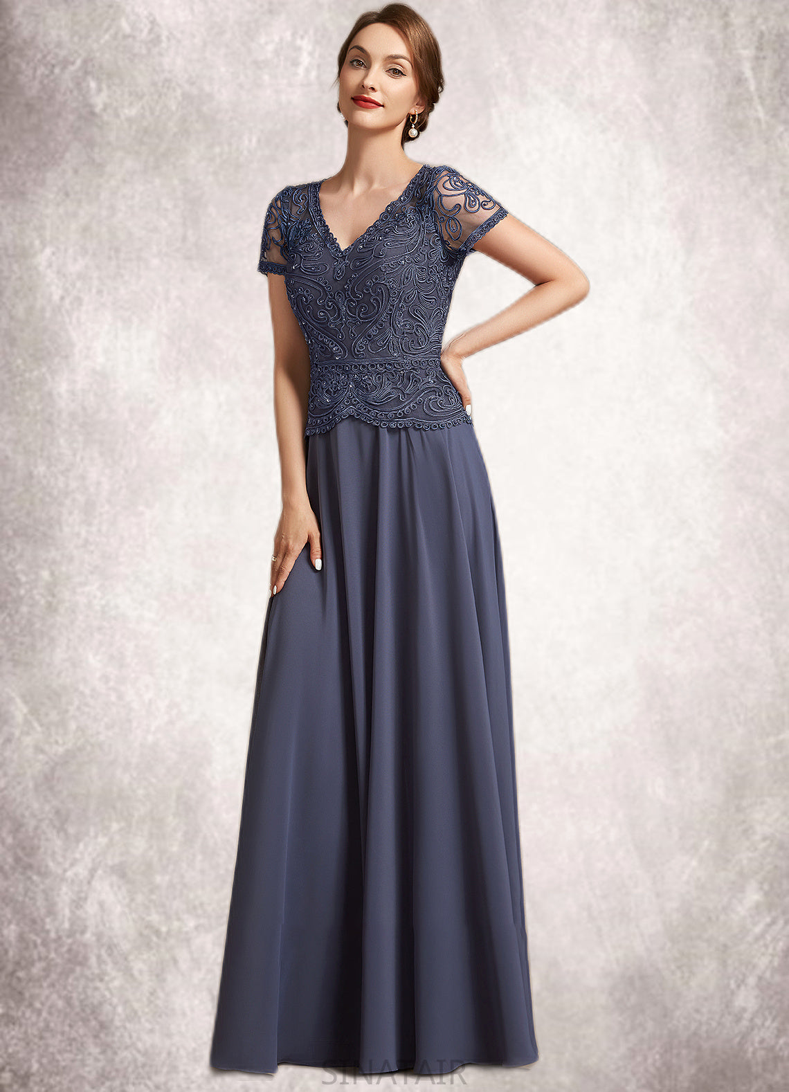 Alena A-Line V-neck Floor-Length Chiffon Lace Mother of the Bride Dress With Sequins DH126P0014964