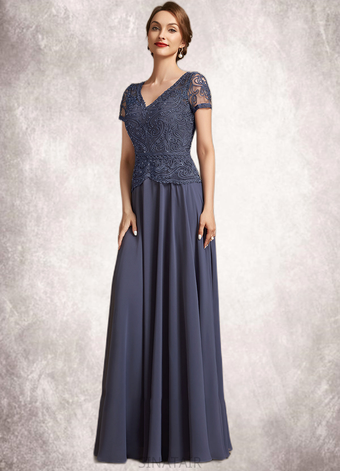 Alena A-Line V-neck Floor-Length Chiffon Lace Mother of the Bride Dress With Sequins DH126P0014964