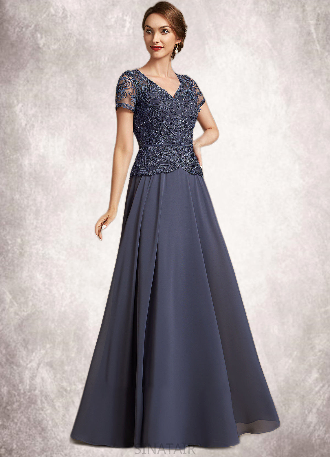 Alena A-Line V-neck Floor-Length Chiffon Lace Mother of the Bride Dress With Sequins DH126P0014964