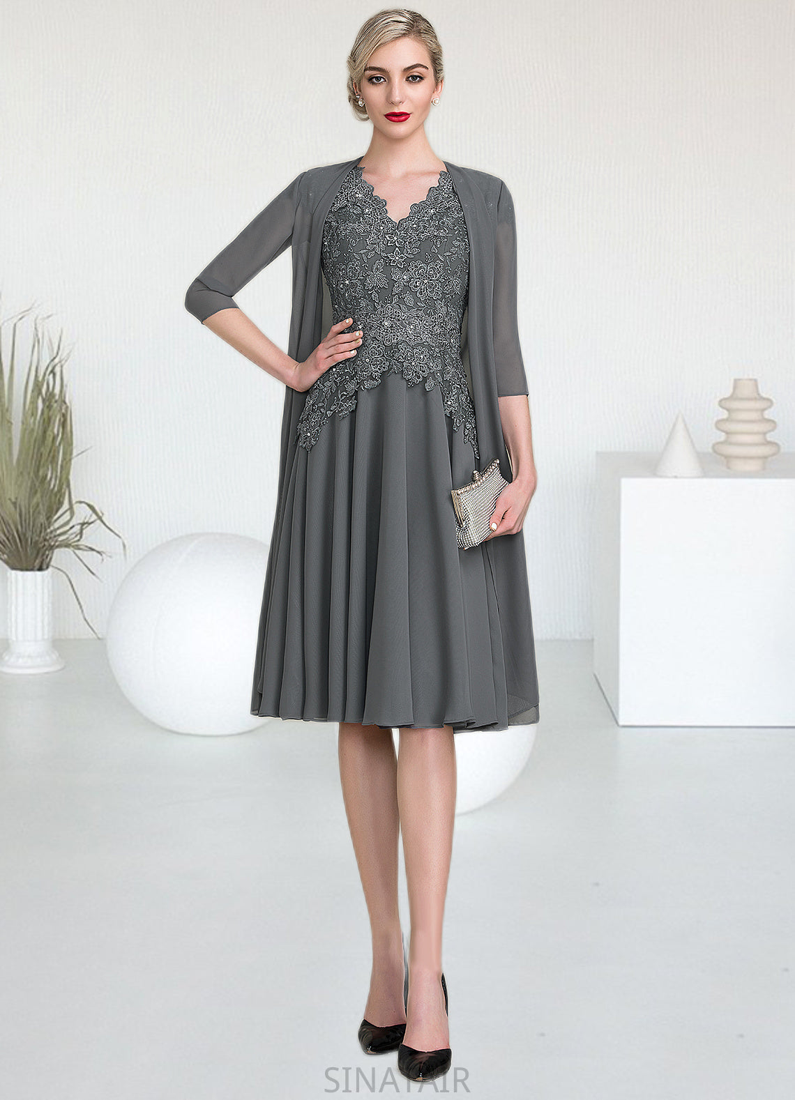 Lucile A-Line V-neck Knee-Length Mother of the Bride Dress With Beading DH126P0014965