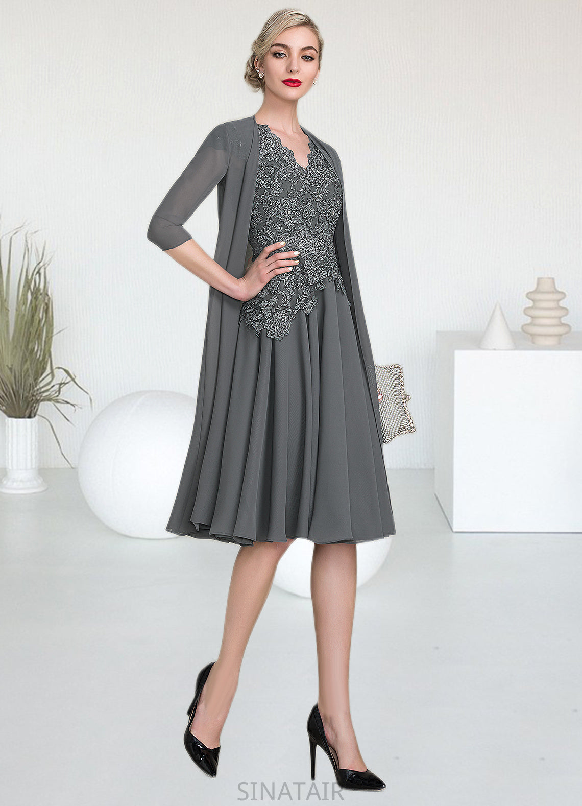 Lucile A-Line V-neck Knee-Length Mother of the Bride Dress With Beading DH126P0014965